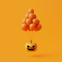 Jack-o-Lantern pumpkin with balloons on orange background. Happy Halloween concept. Traditional october holiday. 3d rendering illustration