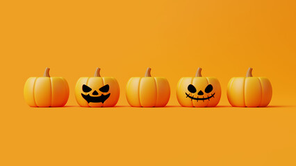 Jack-o-Lantern pumpkins lined up on orange background. Happy Halloween concept. Traditional october holiday. 3d rendering illustration
