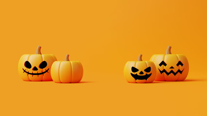 Jack-o-Lantern pumpkins on orange background. Happy Halloween concept. Traditional october holiday. 3d rendering illustration