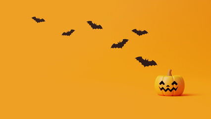 Jack-o-Lantern pumpkin with bats on orange background. Happy Halloween concept. Traditional october holiday. 3d rendering illustration