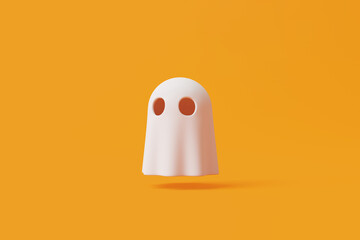 Simple halloween cartoon ghost on orange background. Happy Halloween concept. Traditional october holiday. 3d rendering illustration
