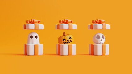 Opened gift box with cartoon skull, ghost and Jack-o-Lantern pumpkin on orange background. Happy Halloween concept. Traditional october holiday. 3d rendering illustration
