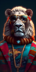 rapper lion with glasses and style, rapper outfit, generative ai