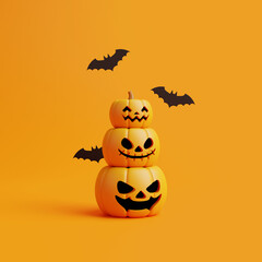 Jack-o-Lantern pumpkins with bats on orange background. Happy Halloween concept. Traditional october holiday. 3d rendering illustration