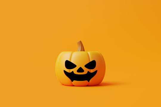 Jack-o-Lantern pumpkin on orange background. Happy Halloween concept. Traditional october holiday. 3d rendering illustration