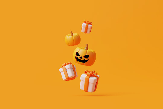 Cartoon gift boxes with Halloween Jack-o-Lantern pumpkins hover in the air on orange background. Happy Halloween concept. Traditional october holiday. 3d rendering illustration
