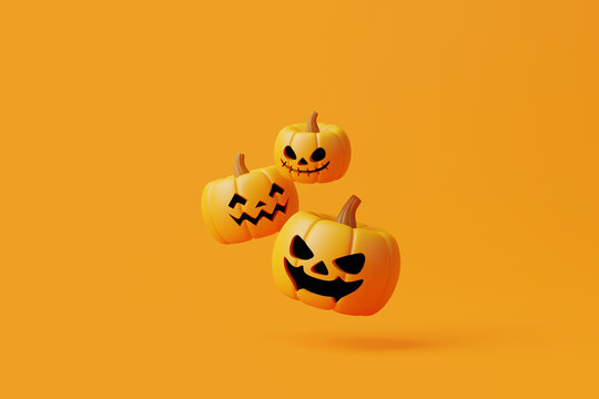 Jack-o-Lantern pumpkins floating on orange background. Happy Halloween concept. Traditional october holiday. 3d rendering illustration