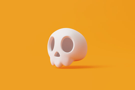 Simple halloween cartoon skull on orange background. Happy Halloween concept. Traditional october holiday. 3d rendering illustration