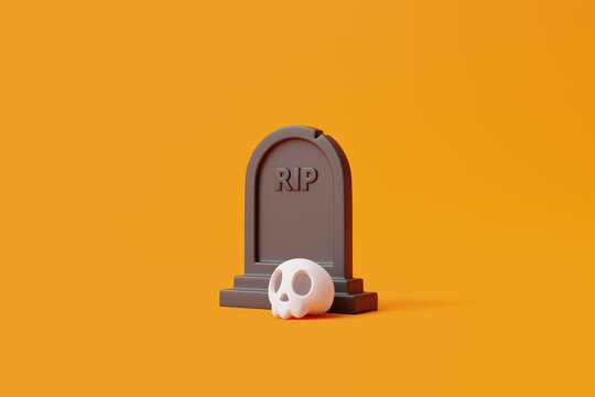 Simple halloween cartoon skull with grave on orange background. Happy Halloween concept. Traditional october holiday. 3d rendering illustration