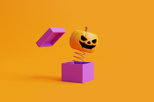 Jack-o-Lantern pumpkin pops out of the box on orange background. Happy Halloween concept. Traditional october holiday. 3d rendering illustration