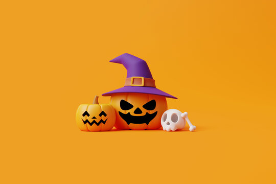 Jack-o-Lantern pumpkins wearing witch hat with skull and bones on orange background. Happy Halloween concept. Traditional october holiday. 3d rendering illustration