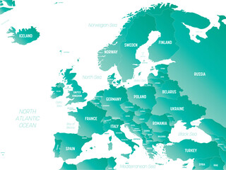 Europe - high detailed political map of european continent with country, ocean and sea names labeling.