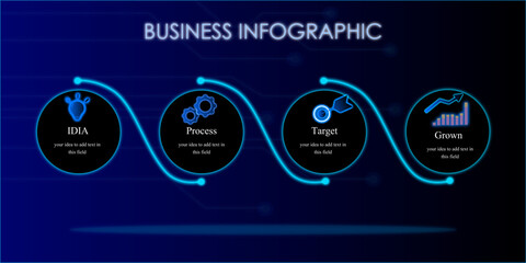 Blue neon business circle infographic template. Infographic business timeline process chart template. AI(Artificial Intelligence) technology infographics and cyber space 4 step on blue background.