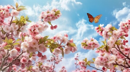 Large - format spring image of blooming nature. Branches of pink cherry blossoms and fluttering butterflies against a blue sky with clouds on bright sunny day - generative AI