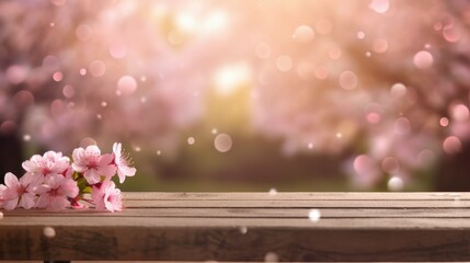 Spring background with empty wooden table. Natural template for product display with cherry blossoms bokeh and sunlight. generative ai. Wooden table in spring blooming cherry - generative AI