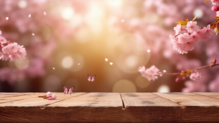 Spring background with empty wooden table. Natural template for product display with cherry blossoms bokeh and sunlight. generative ai. Wooden table in spring blooming cherry - generative AI