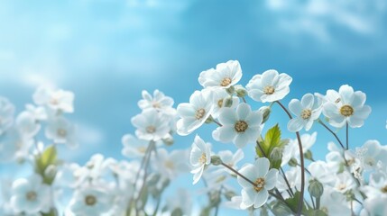 Spring forest white flowers primroses on a beautiful blue background macro. Blurred gentle sky - blue background. Floral nature background, free space for text - generative AI