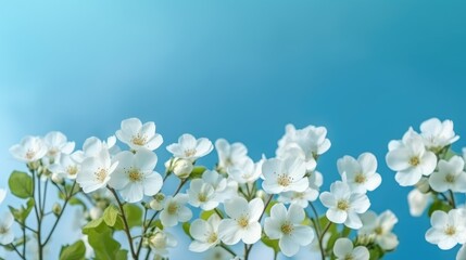 Spring forest white flowers primroses on a beautiful blue background macro. Blurred gentle sky - blue background. Floral nature background, free space for text - generative AI