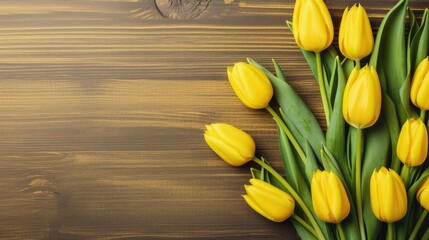 Tulip border with copy space. Beautiful frame composition of spring flowers. Bouquet of yellow tulips flowers on bright yellow vintage wooden background - generative AI