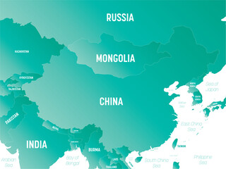 China - high detailed political map of China and neighboring countries with country, ocean and sea names labeling.