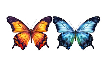 Obraz na płótnie Canvas Two beautiful colorful bright multicolored tropical butterflies with wings spread and in flight isolated on white background, close - up macro - generative AI