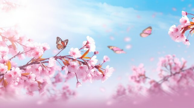 Spring banner, branches of blossoming cherry against background of blue sky and butterflies on nature outdoors. Pink sakura flowers, dreamy romantic image spring, landscape panorama - generative AI