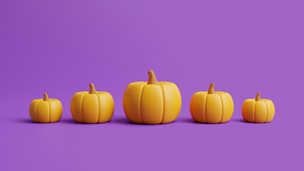 Jack-o-Lantern pumpkins lined up on purple background. Happy Halloween concept. Traditional october holiday. 3d rendering illustration