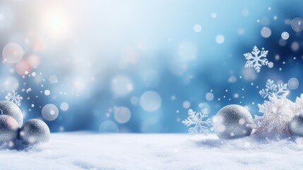 Winter snow background with snowdrifts, with beautiful light and snow flakes on the blue sky, beautiful bokeh circles, banner format, copy space - generative AI