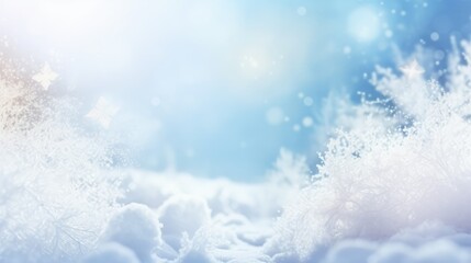 Winter snow background with snowdrifts, with beautiful light and snow flakes on the blue sky, beautiful bokeh circles, banner format, copy space - generative AI
