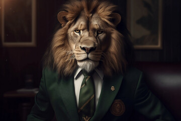 Portrait of a Lion dressed in a formal business suit, created with generative AI