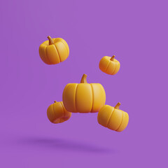 Jack-o-Lantern pumpkins floating on purple background. Happy Halloween concept. Traditional october holiday. 3d rendering illustration