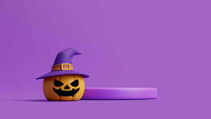 Jack-o-Lantern pumpkins wearing witch hat and podium for product display on purple background. Happy Halloween concept. Traditional october holiday. 3d rendering illustration