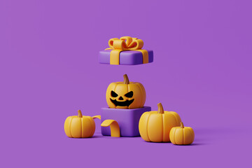 Opened gift box with Halloween Jack-o-Lantern pumpkins on purple background. Happy Halloween concept. Traditional october holiday. 3d rendering illustration