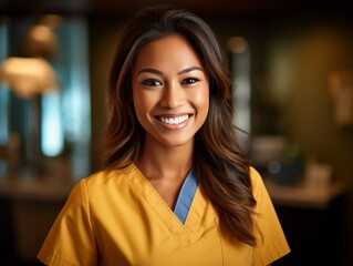 Fototapeta premium Portrait of young female doctor with stethoscope, close up, AI generative