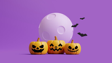 Jack-o-Lantern pumpkins and bats under the moon on purple background. Happy Halloween concept. Traditional october holiday. 3d rendering illustration