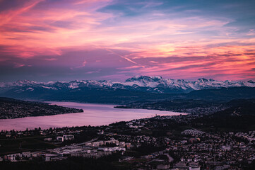 The Alps over Lake Zurich in a late pink afternoon 5 - obrazy, fototapety, plakaty
