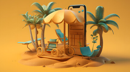 cell phone on the beach, 3d image, 3d icon, generative ai