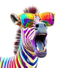 Tuinposter Cartoon colorful zebra with sunglasses on white background. Created with generative AI © innluga