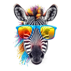 Cartoon colorful zebra with sunglasses on white background. Created with generative AI