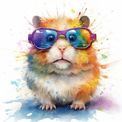 Cartoon colorful hamster with sunglasses on white background. Created with generative AI