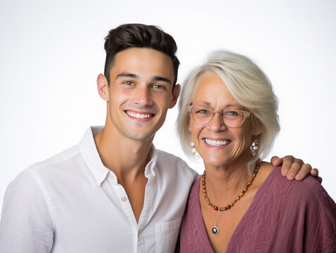Happy grandmother with affectionate grandson. Studio shot. mothers day concept. AI generative
