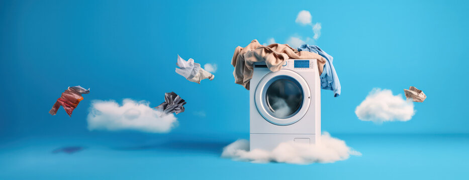 washing machine with pile of clothes and foam as wide banner for buying new washing machine or household work with copy space area - Generative AI