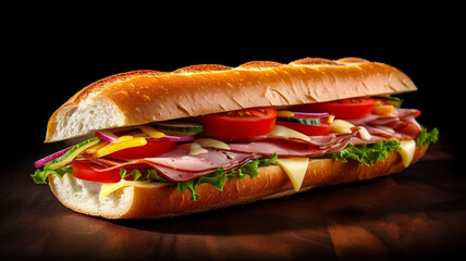 Sandwich with Cheese, Ham, Sauce and Salad on dark background