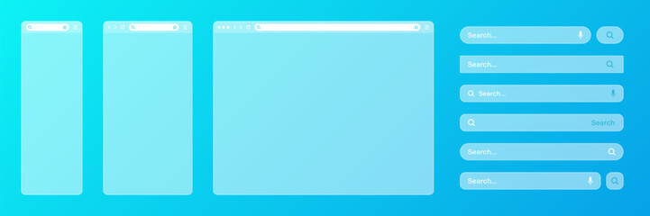Blank transparent internet browser window with various search bar templates. Web site engine with search box, address bar and text field. UI design, website interface elements. Vector illustration