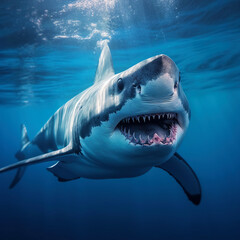Fototapeta premium Great white shark and sun rays, Generative AI