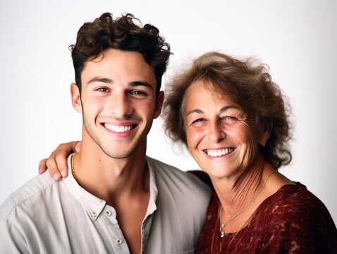 Happy grandmother with affectionate grandson. Studio shot. mothers day concept. AI generative