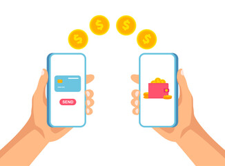 Mobile money transfer. Online payment between two smartphones. Banking app template. Hand holds smartphone and sending and receiving moneys wireless. Vector illustration isolated on white.