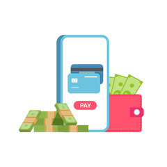 Obraz premium Pay online concept. Use smartphone for nfc transaction. Paying by credit card via electronic wallet wirelessly. Internet shopping. Vector illustration isolated on white background