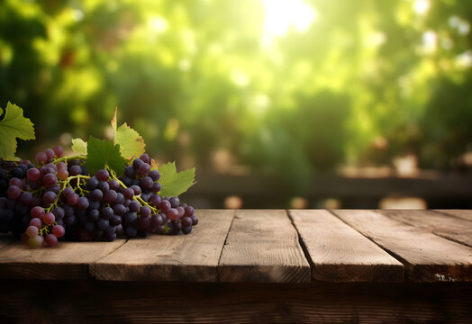 Wooden table with fresh red grapes and free space on nature blurred background, vineyard field. Generated AI.