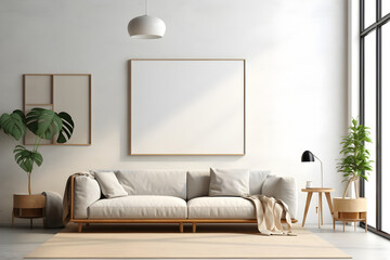 Rectangular frame poster mockup, on light concrete wall in living interior with modern boho furniture and big window, century gray sofa, scandinavian style interior decoration. Generated AI.